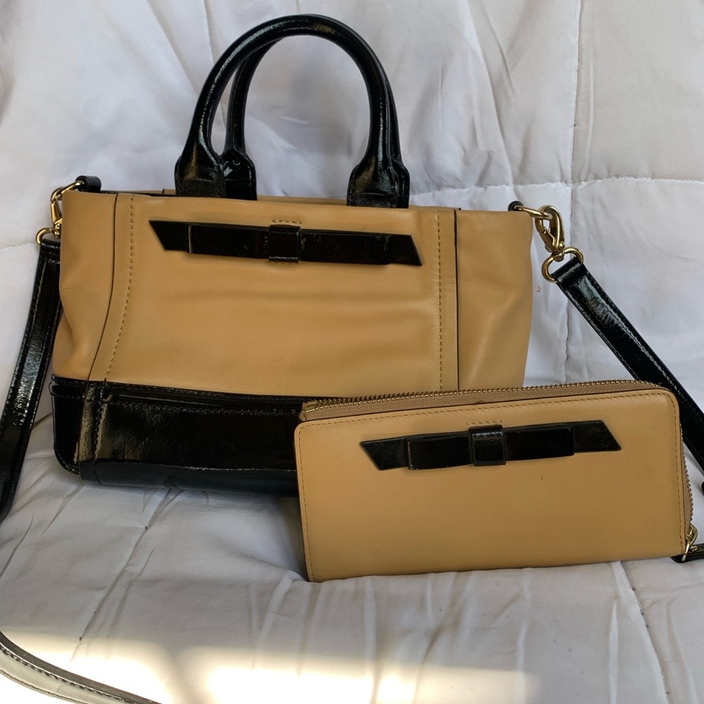 Kate Spade Continental Bow Brown Leather Cross Body Purse and Wallet Set